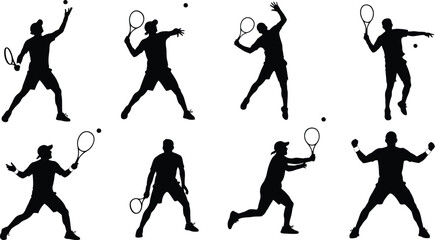 Silhouettes of tennis players in various action poses with rackets and balls