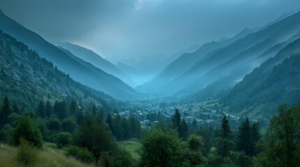 Mountain village surrounded by towering peaks with mist, creating a mystical and calm natural landscape scene