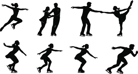 Silhouettes of figure skaters in dynamic poses showcasing grace and movement