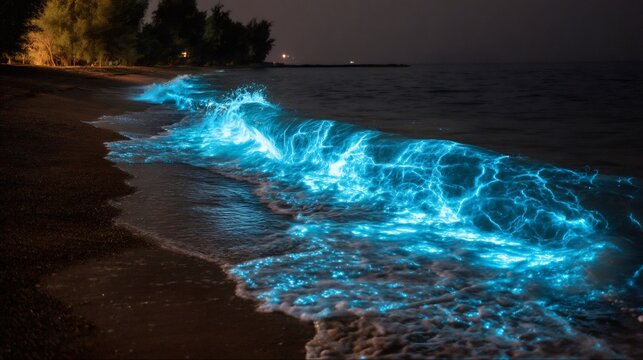 Bioluminescent waves breaking on a dark beach at night, vivid blue sea sparkle phenomenon illuminating the ocean surface