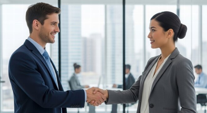 Business Partnership Handshake: Two professionals, a man and a woman, seal a business deal with a firm handshake, symbolizing partnership and collaboration in a modern office setting. - Powered by Adobe