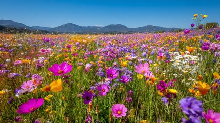 Obraz premium Vibrant wildflowers blooming across a vast meadow with distant mountains under a clear blue sky, illustrating spring abundance