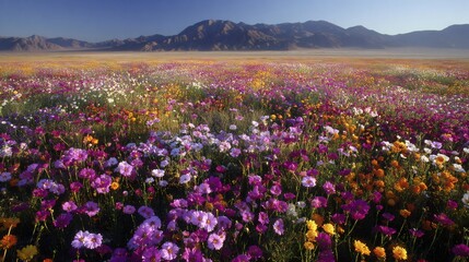 Fototapeta premium Wildflowers blooming in a vast desert superbloom landscape with mountains under a clear blue sky