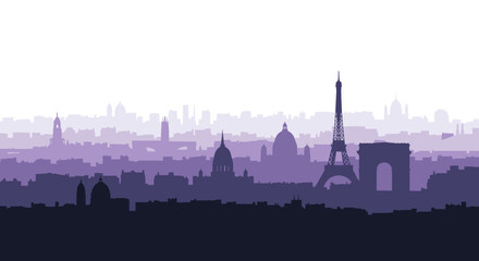 Naklejka premium A minimalist purple silhouette of the Paris skyline featuring iconic landmarks like the Eiffel Tower and Arc de Triomphe.