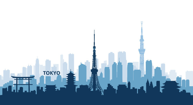 Blue silhouette of the iconic Tokyo city skyline with famous landmarks and skyscrapers against a white background.