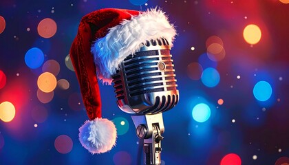 Santa hat on vintage microphone, festive lights in blurred colorful background.