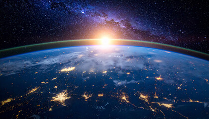 Fototapeta premium Earth From Space at Sunrise with City Lights and Milky Way Galaxy night