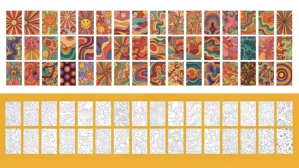 Collection of colorful retro 1970s psychedelic pattern swatches with abstract floral and sun motifs displayed above a set of white placeholder rectangles on a yellow background