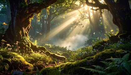 Enchanted forest with sunbeams, butterflies, and blooming wildflowers sunlight nature
