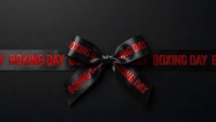 Happy boxing day black ribbon bow with red text on dark background, festive holiday celebration concept