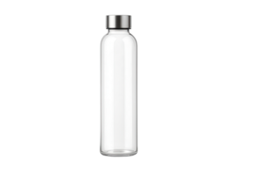 Clear Glass Reusable Water Bottle Mockup with Silver Cap Product Shot isolated PNG with Transparent Background
