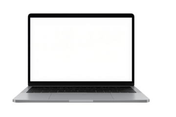 Modern Silver Laptop Mockup Product Shot with Blank White Screen Display isolated PNG with Transparent Background