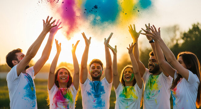 People Playing with Colorful Powders, Holi, A joyful group of people dressed in vibrant traditional Indian attire, throwing bright colored powders into the air, with laughter and festive energy.
