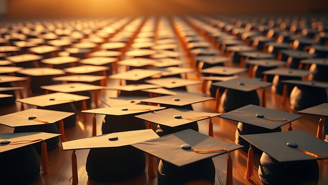 commencement. Neat rows of graduation caps under warm lighting, celebrating academic achievements and milestones. product launch decks.