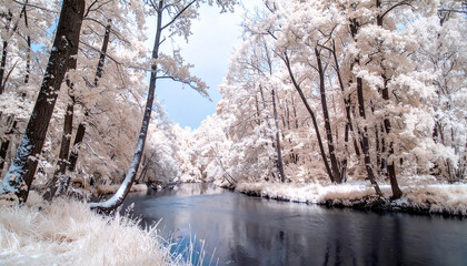 Infrared view of a river flowing through a snow-covered forest with white trees winter