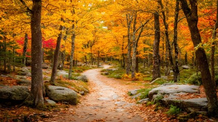 Fototapeta premium Winding forest path during autumn with vibrant orange, yellow, and red foliage on trees and a trail covered in fall leaves
