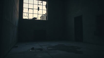 oligarchy. Urban ruin at dusk with soft light through a broken window onto a dusty floor. real-estate listings.