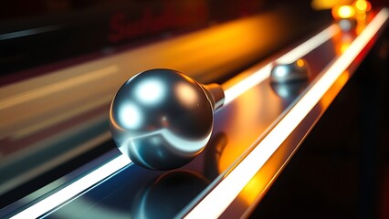 pinball. A silver pinball rolling on a glowing track and impacting a shiny bumper. event key visuals, club posters, designed for sports event promotions and stadium branding.