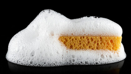Horizontal Yellow Sponge with Abundant White Soap Suds and Bubbles horizontal sponge