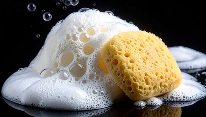 Yellow square sponge with a pile of white foam and bubbles facial shampoo