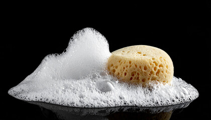 Yellow sponge resting on a mound of white foam and bubbles facial shampoo