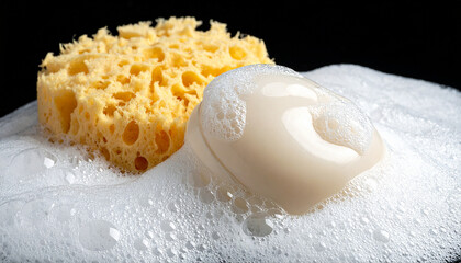 Yellow sponge and a smooth white bar of soap in white foam facial shampoo