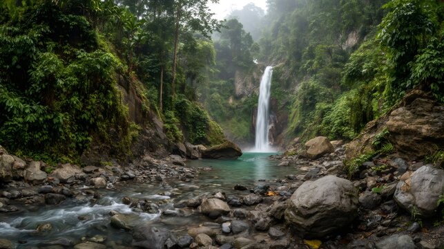 Waterfall cascading into a clear turquoise pool with lush tropical jungle and river flowing over rocks