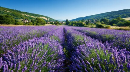 Lavender field in Provence, France blooming under a clear blue sky, showing rows of purple flowers and a distant village