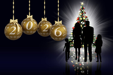 Illustrazione 3D. Anno nuovo 2026. Capodanno 2026 in numeri e con decorazione natalizia. Palle dell'albero di Natale