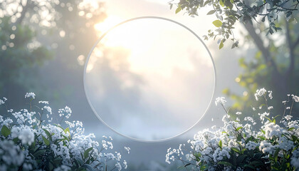 Ethereal White Ring Frame Surrounded by Delicate White Flowers and Soft Sunlight circle