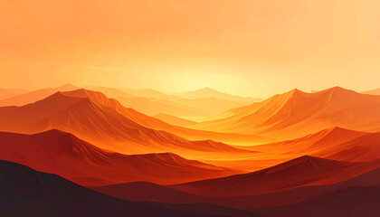 Fiery orange desert landscape with layered mountain ranges under a bright sky mountains