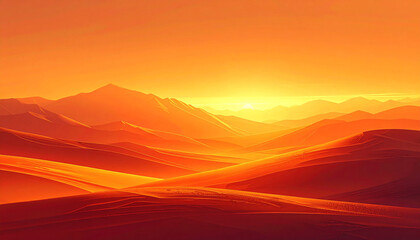 Golden desert dunes and distant mountains illuminated by a bright setting or rising sun