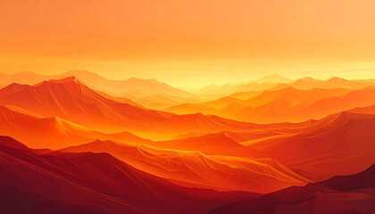 Abstract desert mountain range in vibrant shades of orange and red during golden hour