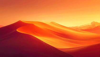 Vast Orange Desert Dunes Under a Warm Sunset Sky With Distant Mountains sand landscape