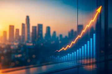 Financial growth chart with rising graph over modern city skyline at sunset
