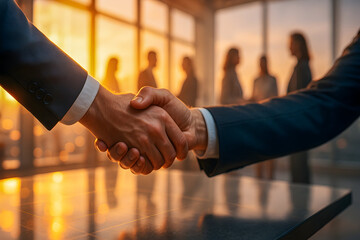 Business handshake closing deal at sunset in modern office