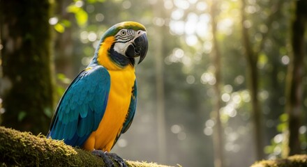 Exotic Parrot's Forest Perch: A vibrant macaw perches majestically in a lush forest. Its colorful plumage stands out, capturing the beauty of the bird in its natural environment.