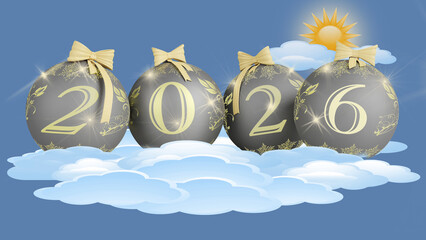 Illustrazione 3D. Anno nuovo 2026. Capodanno 2026 in numeri e con decorazione natalizia. Cielo e Nuvole.