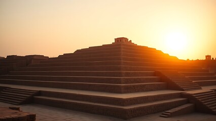 ziggurat. The stepped terraces of an ancient mud-brick structure under a setting sun. real-estate listings.