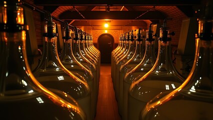 carboys. Rows of glass carboys in a wine cellar with warm ambient lighting. bar promotions, beverage menus, designed for product packaging and bar promotions.