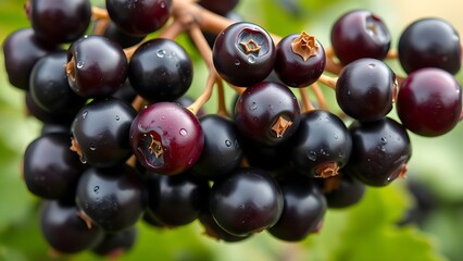 kaiseki. Cluster of ripe blackcurrants on a branch with dew drops and green leaves in soft daylight. gardening catalogs, home-decor guides, designed for gardening and botanical catalogs.