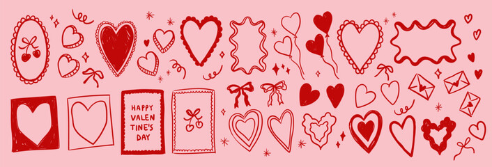 Naklejka na ściany i meble Love and Valentine's Day large collection of trendy hand drawn doodle decorative elements, hearts, frames, love letters, heart shaped balloons, bows and stars. Symbols of Valentine's Day and love.