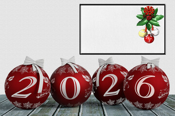 Illustrazione 3D. Anno nuovo 2026 Capodanno 2026 in numeri e con decorazione natalizia.