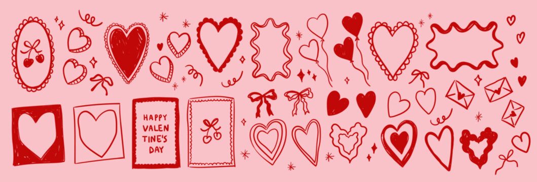 Fototapeta Love and Valentine's Day large collection of trendy hand drawn doodle decorative elements, hearts, frames, love letters, heart shaped balloons, bows and stars. Symbols of Valentine's Day and love.