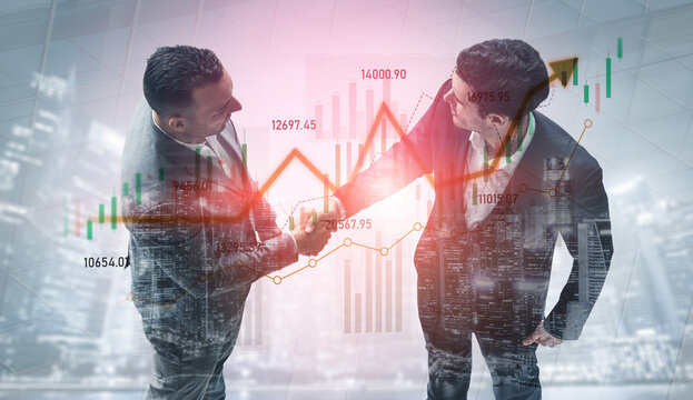 Two professionals engage in a handshake during a business meeting, with financial graphs overlaying a modern city skyline, symbolizing growth and cooperation. Scalp