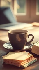 with open planner, sticky notes, laptop and coffee cup symbolizing life strategy