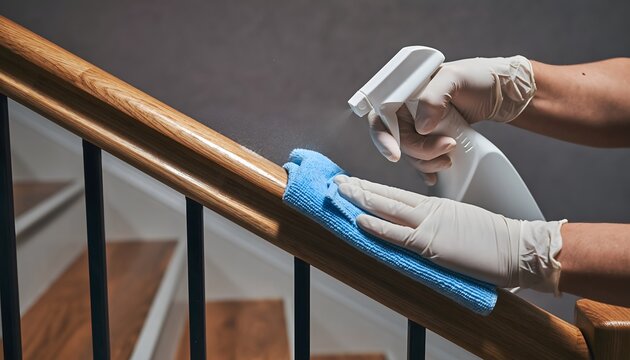 Diligently cleaning and sanitizing a wooden stair railing with protective gloves, spray, and cloth for enhanced home hygiene and safety measures - Powered by Adobe