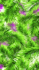 featuring palm leaves and exotic plants creating a vibrant jungle-inspired background