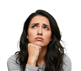 Fototapeta premium Woman with hand on chin looking up with a worried expression transparent background cutout png