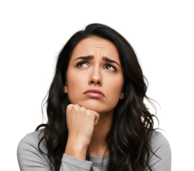 Woman with hand on chin looking up with a worried expression transparent background cutout png